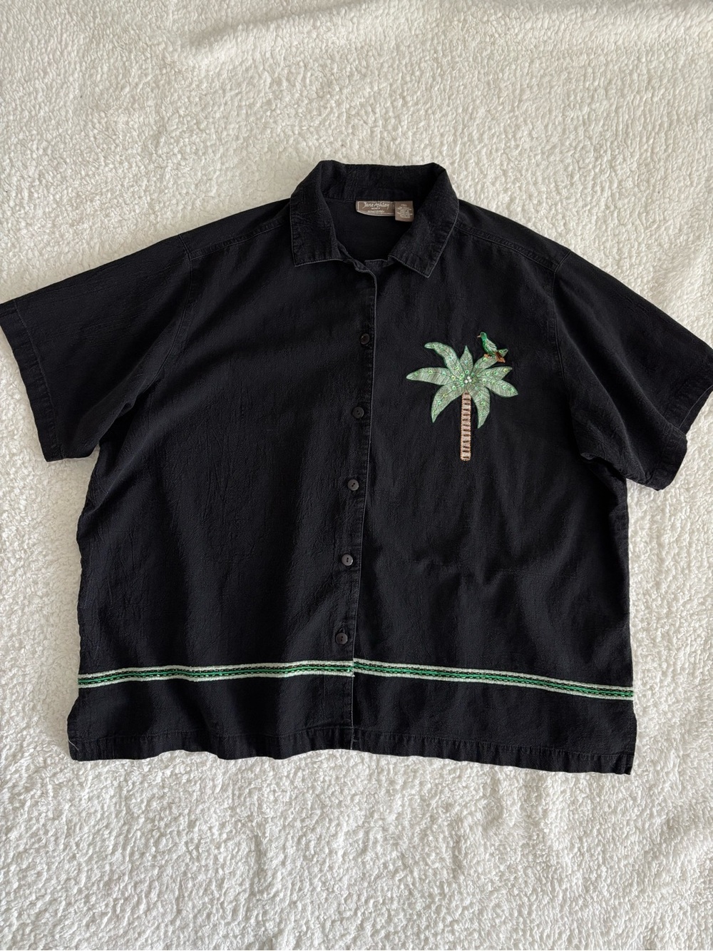 Vintage Jane Ashley 3X Black Cotton Hawaiian Shirt Palm Tree Bird Embroidery